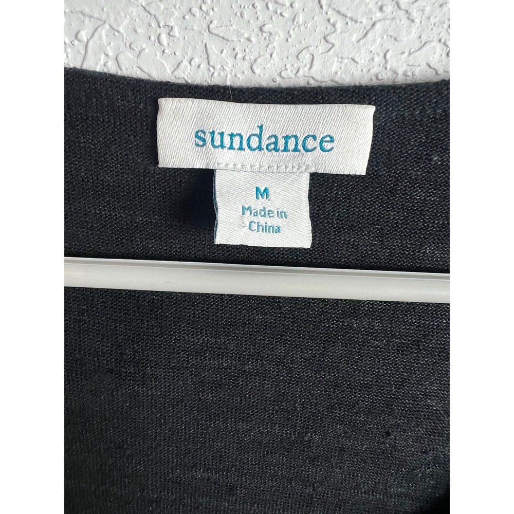 Sundance Black V-Neck Ruffle Neck Top Size Medium 100% Linen Short Sleeve - Picture 2 of 6